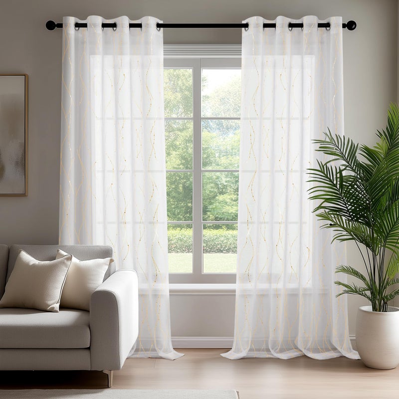 Deconovo Oeko-TEX Certified Sheer Foil Print Curtains – 2 Panels, Grommet Top – Elegant Light-Filtering Drapes for Living Room & Bedroom, Airy Privacy & Easy Care White & Gold Silver 52W x 96L Inch - Image 2